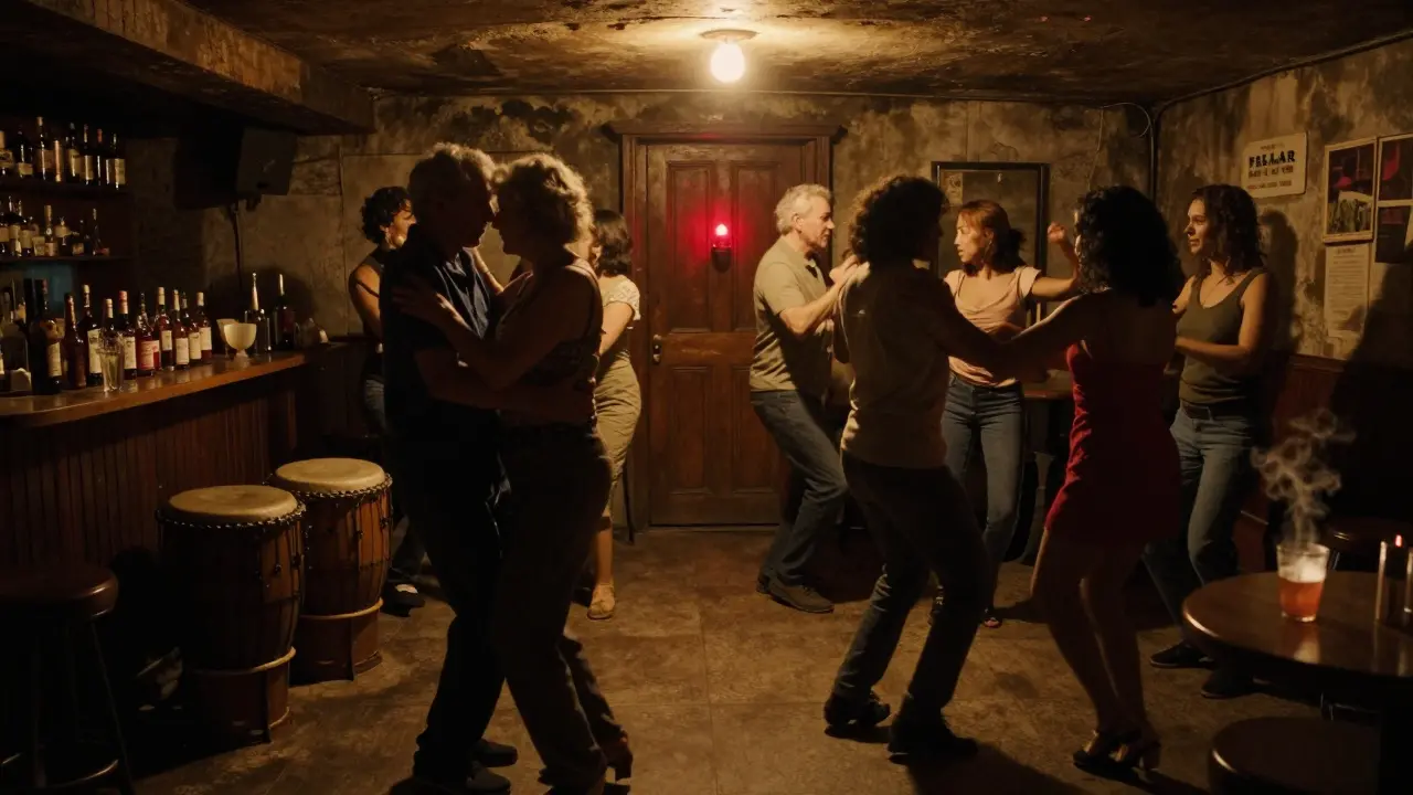 A hidden basement bar lit by a red candle, people dancing freely to Haitian kompa music in intimate shadows.