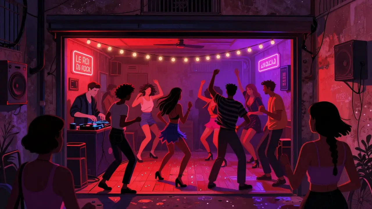 A hidden underground club with a vibrant dance floor, pulsing neon lights, and a crowd moving to live music in a dim, energetic garage.
