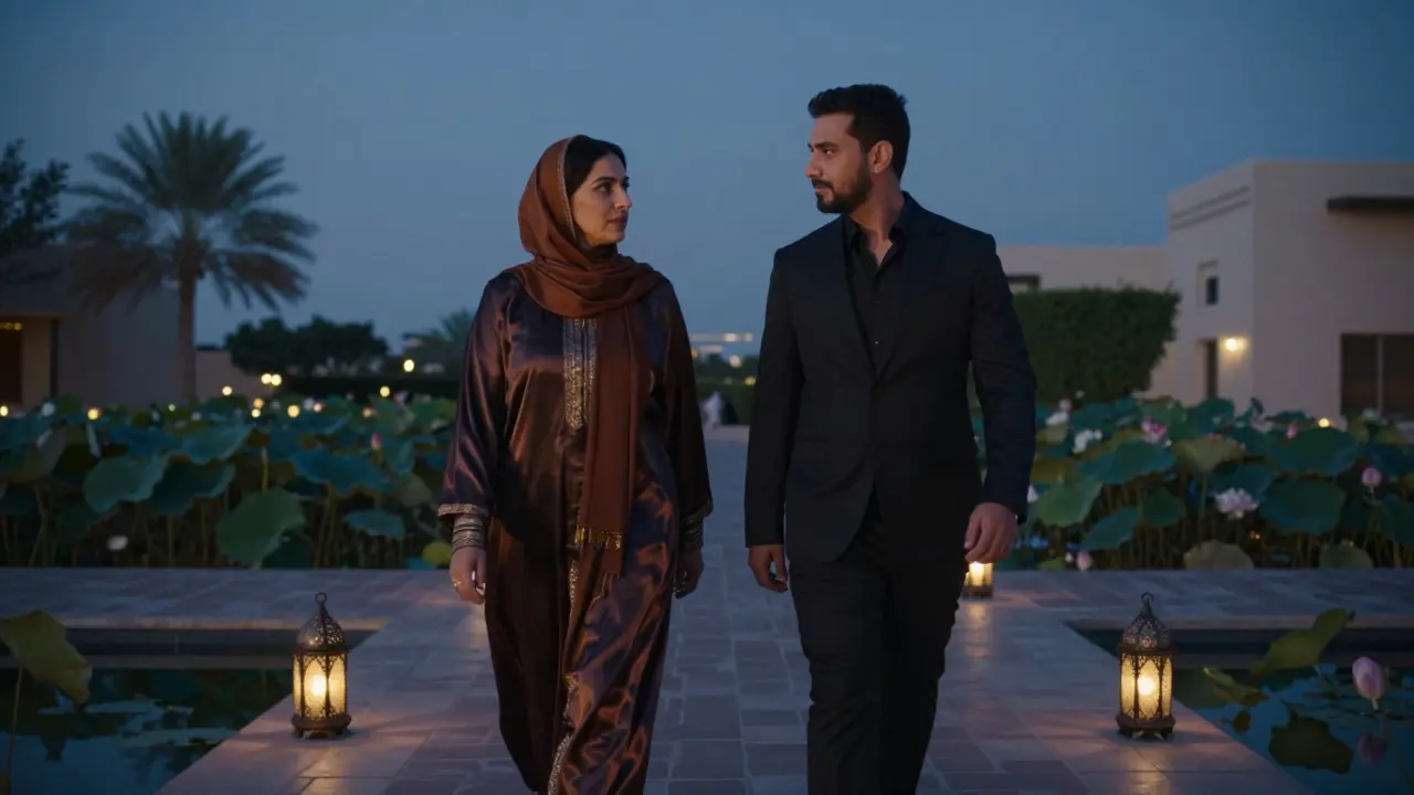 A man and woman walking through a tranquil Dubai garden at twilight, engaged in quiet, respectful conversation.