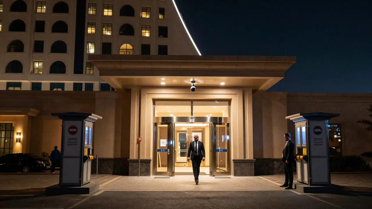 A person exiting a secure Abu Dhabi hotel at night, with security cameras and valet service visible.