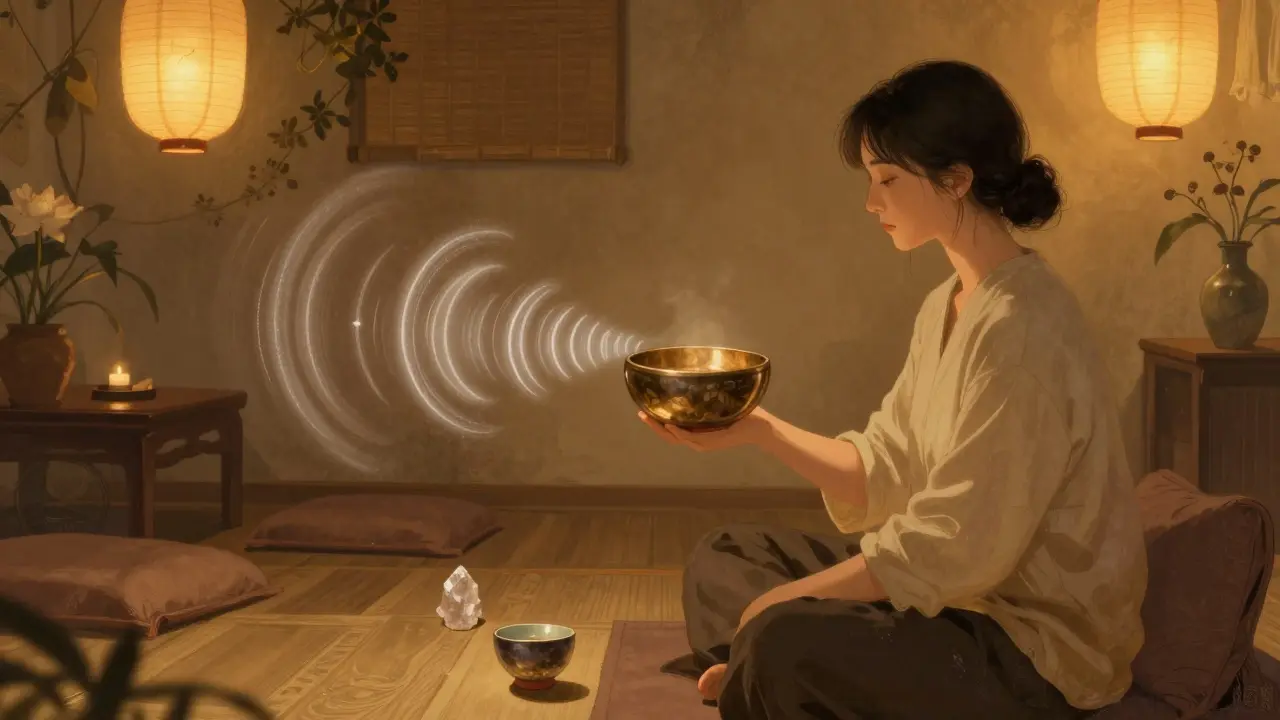 A person meditating with a ceramic tea cup and crystal as sound waves ripple from a singing bowl in a lantern-lit space.