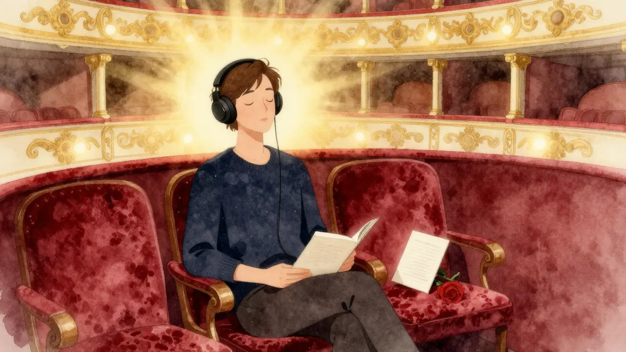 A person sits alone in an opera box at La Scala, lost in music, a rose and program beside an empty seat.