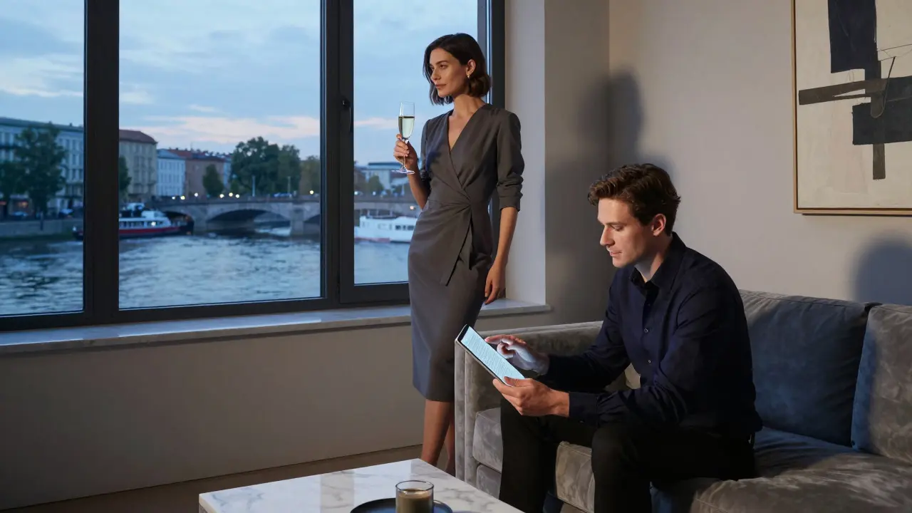 A poised woman and client in a minimalist Berlin lounge, sharing quiet moments by the window.
