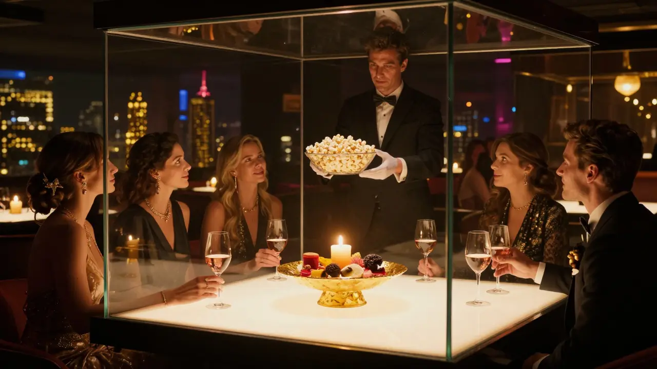 A private glass cube suspended above a nightclub, with guests sipping champagne and golden city lights below.