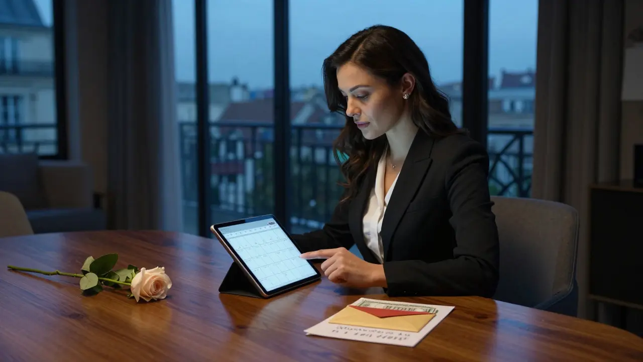 A professional escort reviews a booking calendar in a refined Parisian apartment, with cash and a rose on the table.
