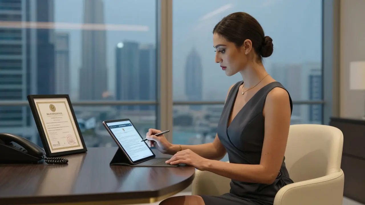 A professional female companion in a luxury concierge office, reviewing client details with a business license visible.