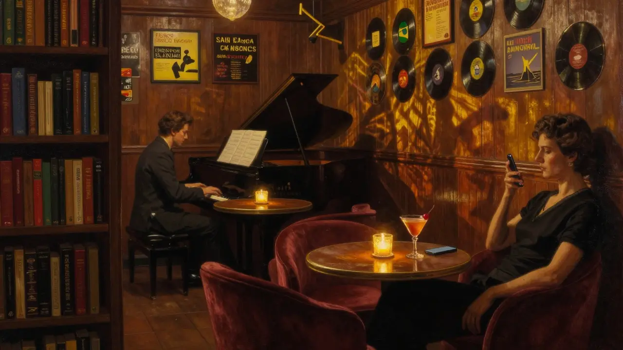A quiet jazz speakeasy with velvet chairs, candlelight, and a live piano trio, where a guest relaxes with a cocktail, phone forgotten.