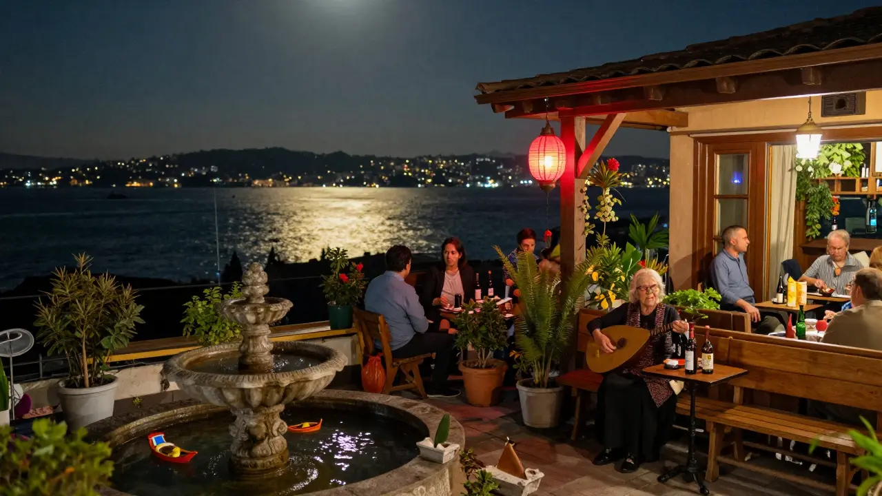 A quiet rooftop garden at night with an oud player under the stars and the Bosphorus glowing in the distance.
