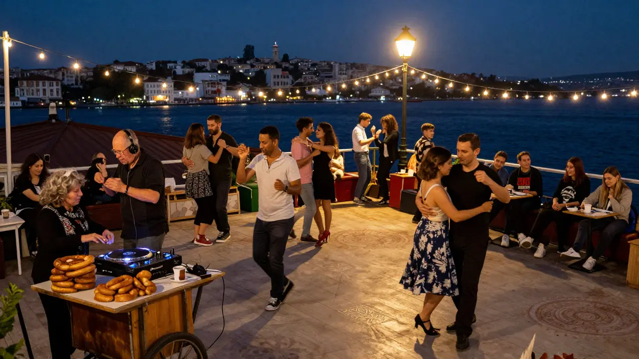 A rooftop dance party in Ortaköy under string lights at 3 a.m., locals dancing freely.