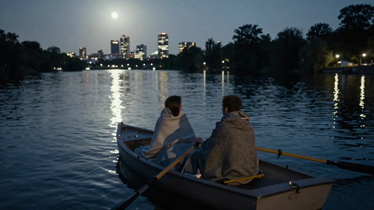 A rowboat drifts on the Spree River at night, two figures wrapped in a blanket, watching city lights reflect on the water.
