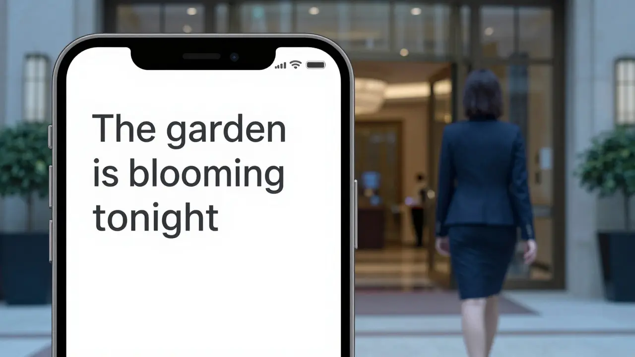 A smartphone displays a coded message about a meeting, with a woman walking away from a hotel entrance.