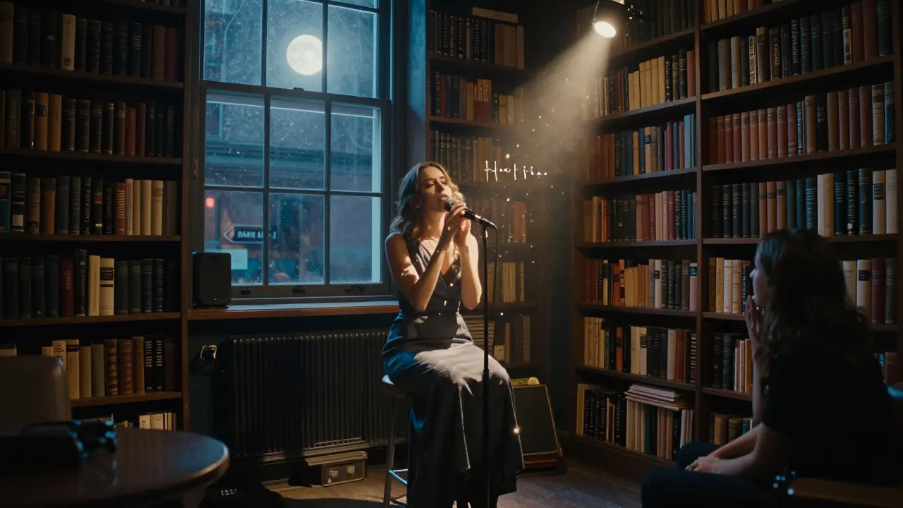 A solitary singer performing 'Hallelujah' in a quiet library filled with books and moonlight.