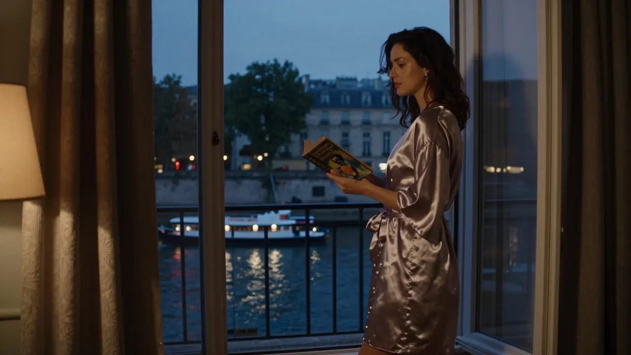 A solitary woman in a silk robe beside a window, the Seine glowing under twilight in a luxurious Paris apartment.