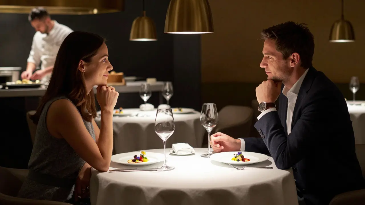A sophisticated dinner at a Michelin-starred restaurant with artfully plated food and soft lighting.