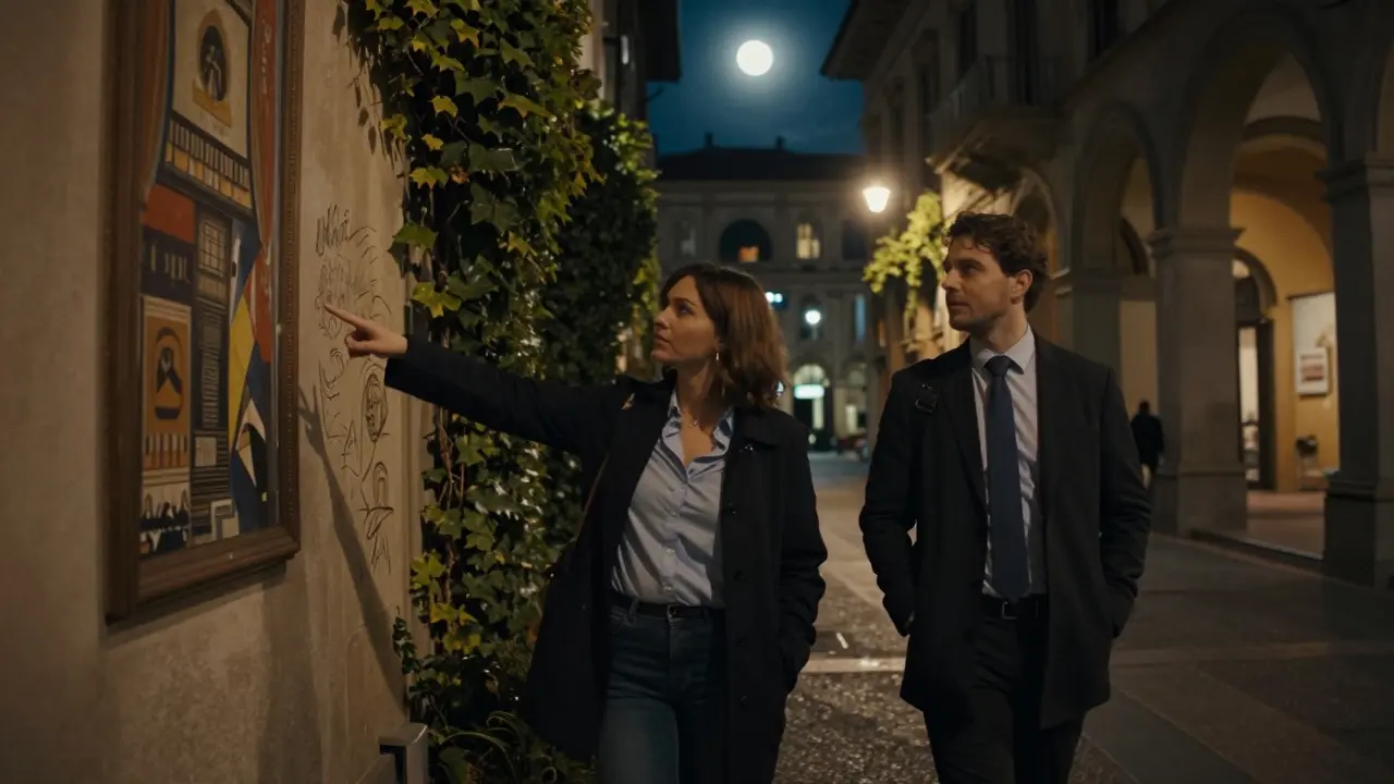 A traveler and companion walking through Brera at night, passing hidden murals under streetlamps.