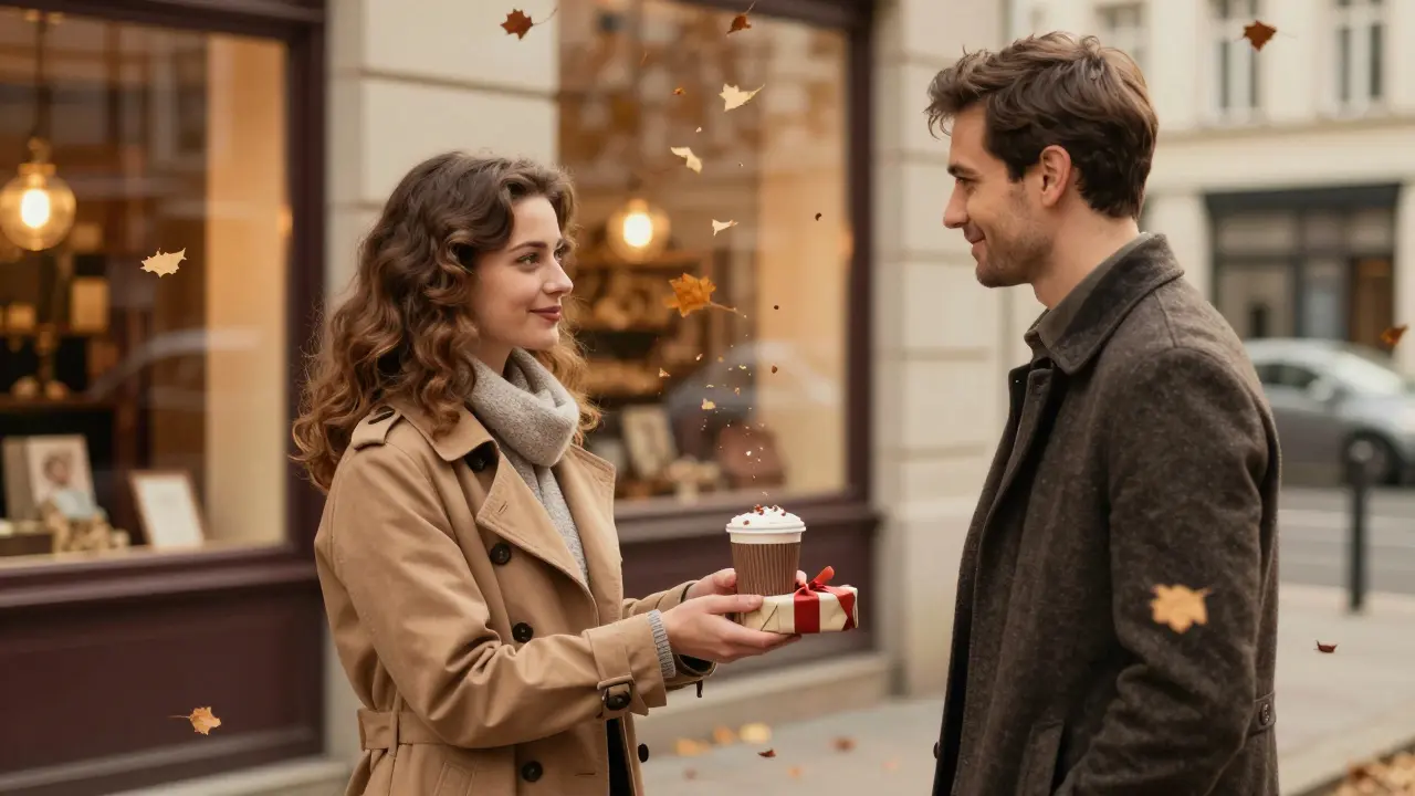 A woman offering a hot chocolate to a man near a cozy bookstore, autumn leaves falling, a moment of quiet kindness in Berlin.