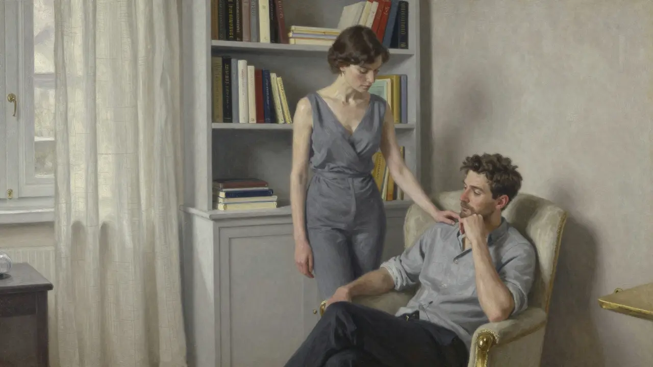 A woman offering quiet comfort to a man in a softly lit private apartment, surrounded by books and calm light.