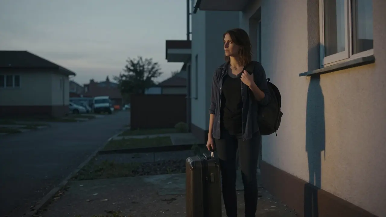 A woman standing alone at dawn with luggage, looking back cautiously outside a quiet Milan building.