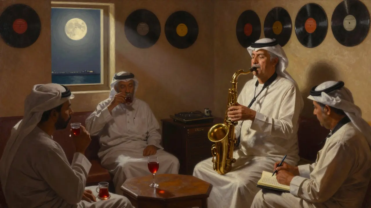 An elderly man playing saxophone in a cozy jazz lounge as listeners sit in quiet awe.