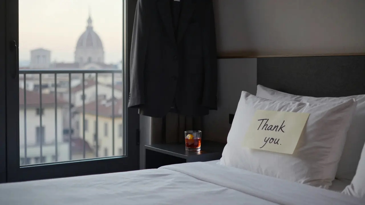 An empty hotel room at dawn in Milan, with a suit, negroni, and a handwritten note on the pillow.