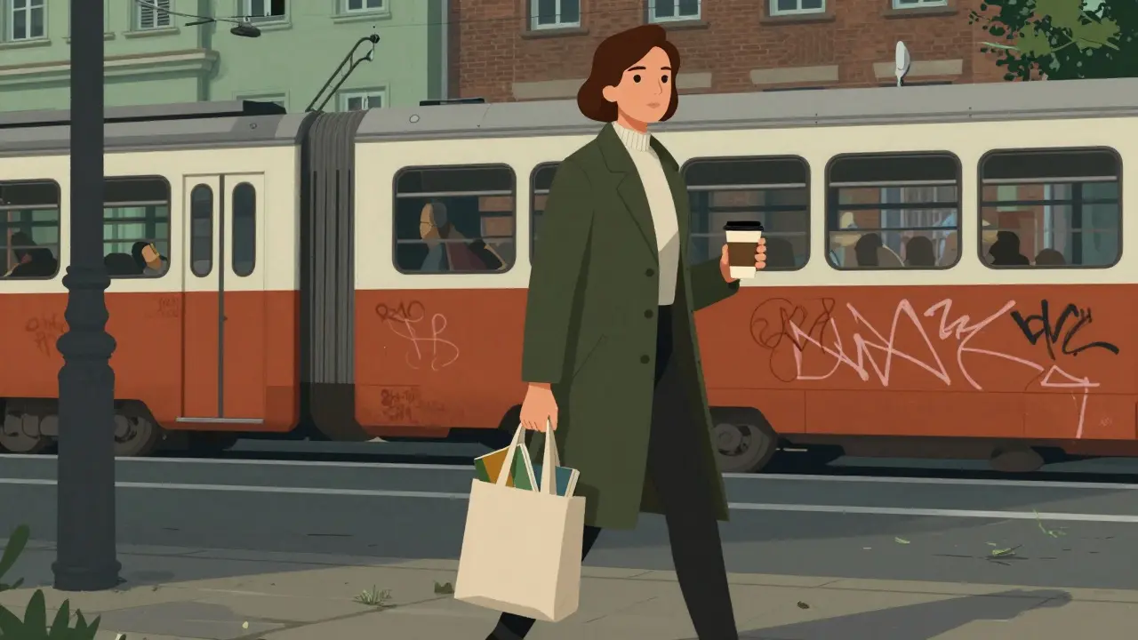 An independent escort walking confidently through Kreuzberg at dusk with a book and coffee cup.