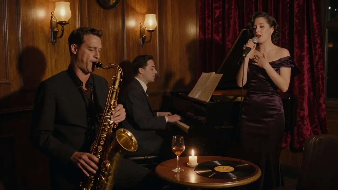 An intimate jazz trio performing in a dimly lit, cozy cellar lounge.