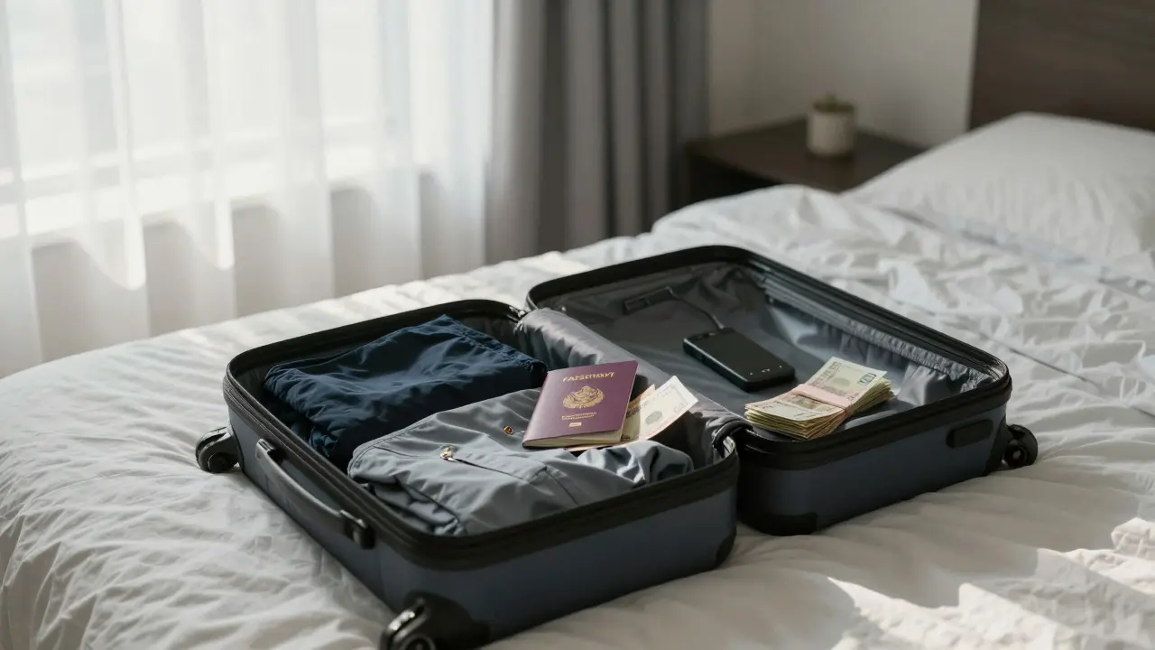 An open suitcase in a quiet apartment reveals fake documents, cash, and designer clothes under morning light.