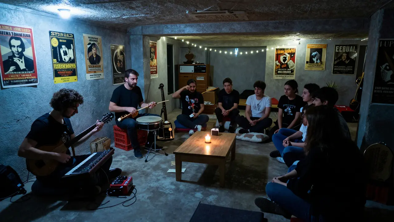 An underground basement music session with musicians blending traditional instruments and electronic sounds in dim candlelight.