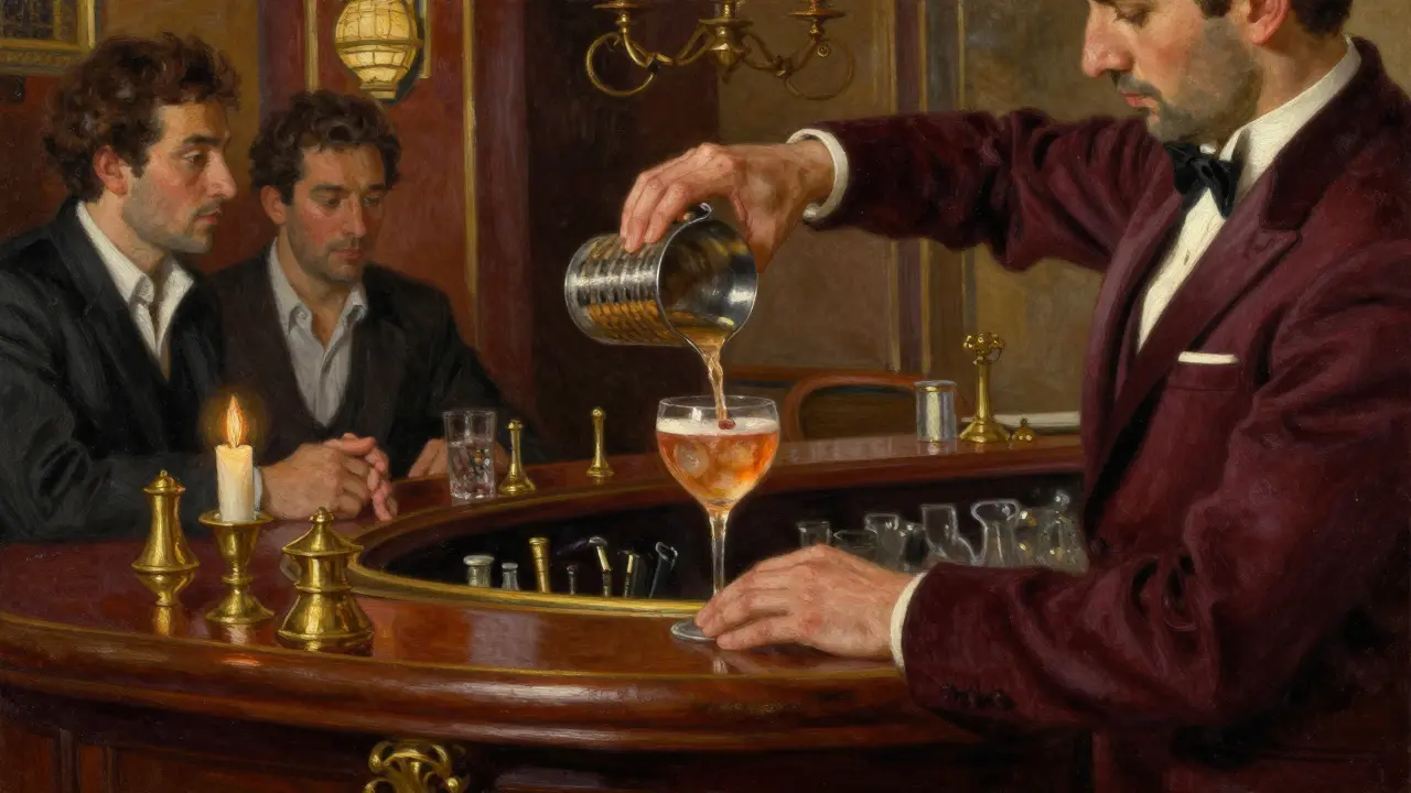 Bartender pouring cocktail at historic Le Bar Americain with men in suits