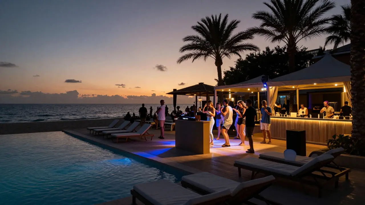 Blue Bay beach club transitioning from daytime lounge to nighttime dancefloor under twilight sky.