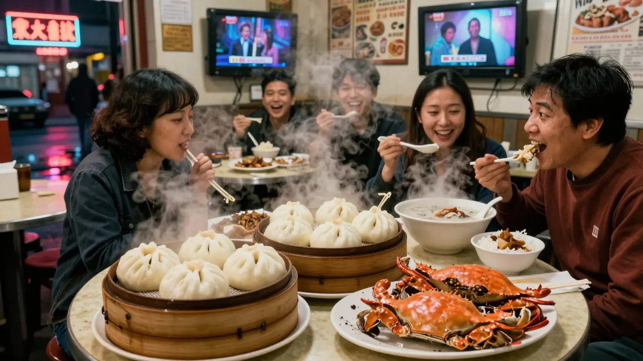 Chaotic, vibrant scene at Wing Wah in Chinatown at 3 a.m., steaming pork buns, salt and pepper crab, and karaoke lights glowing in the background.