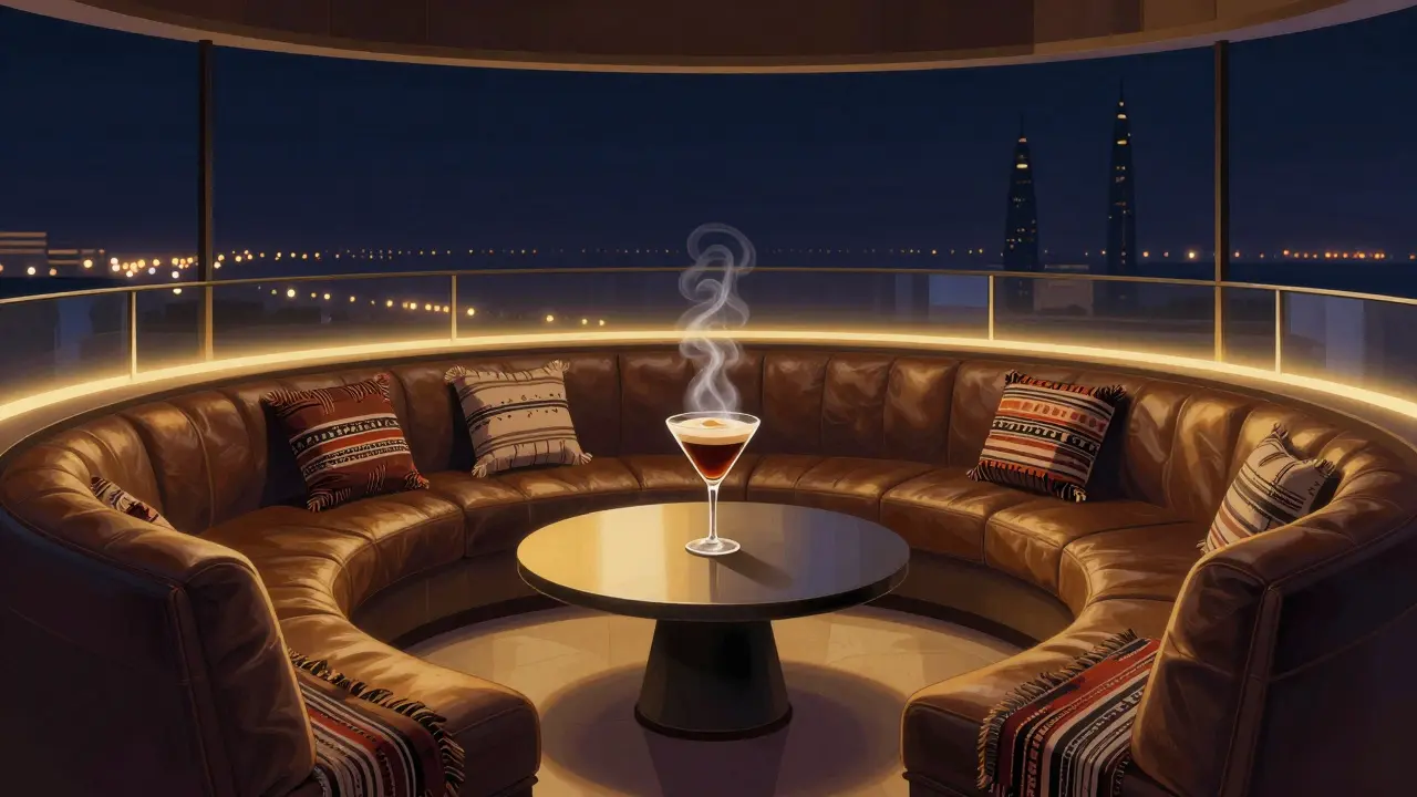 Circular rooftop bar with Emirati design elements, ambient lighting, and a signature cocktail steaming under city lights.