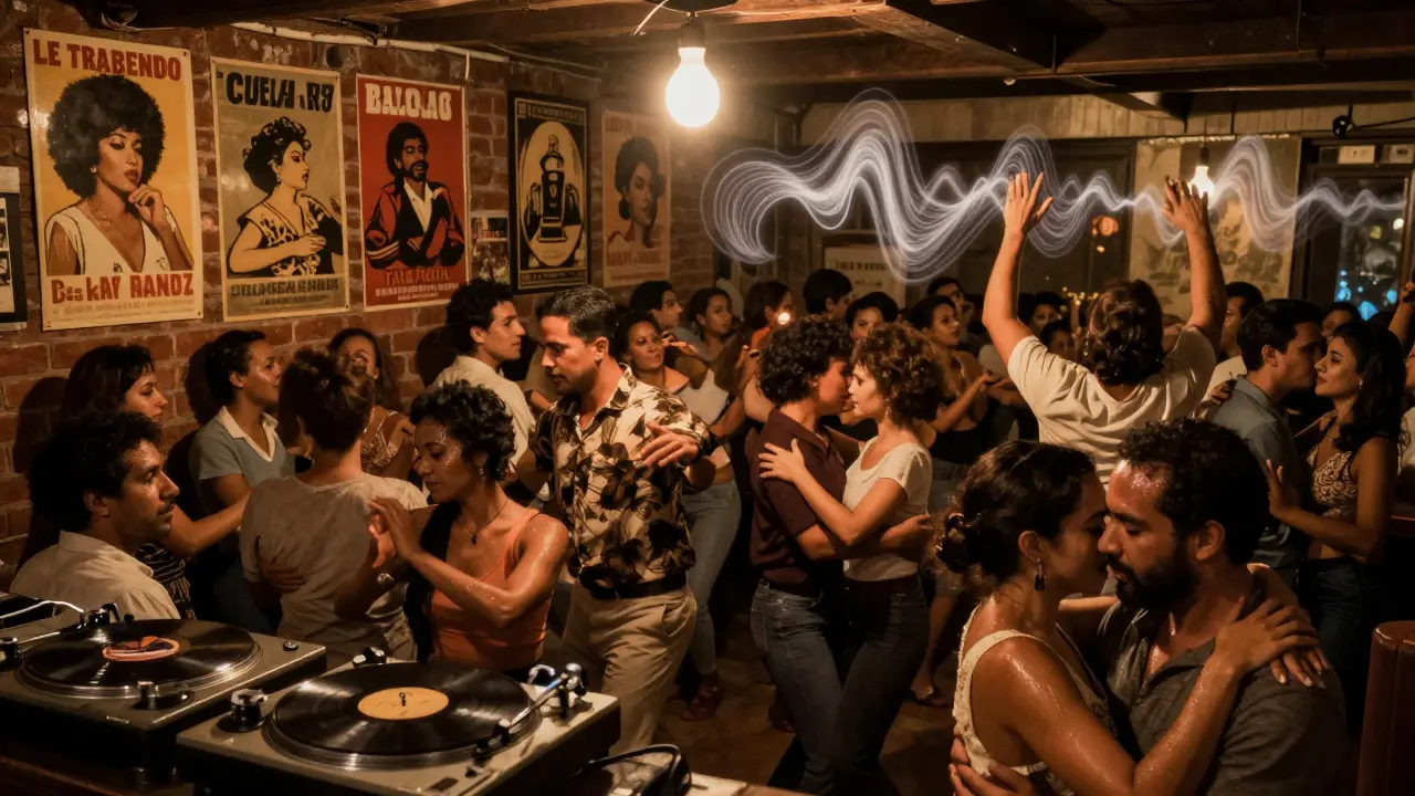 Couples dance intensely in a dim basement club with vintage Latin music posters on the walls.