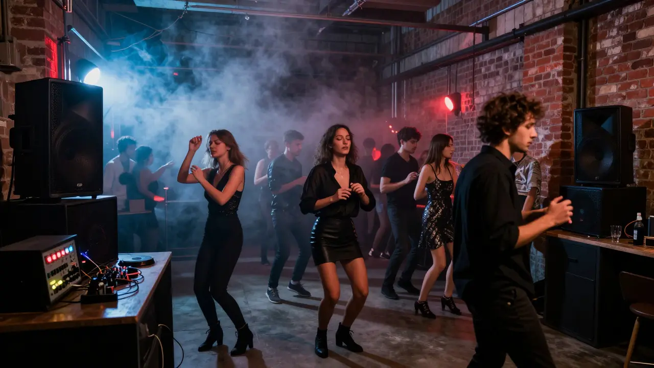 Crowd dancing in an industrial warehouse club as bass pulses through the air, strobe lights illuminating smoke and movement.