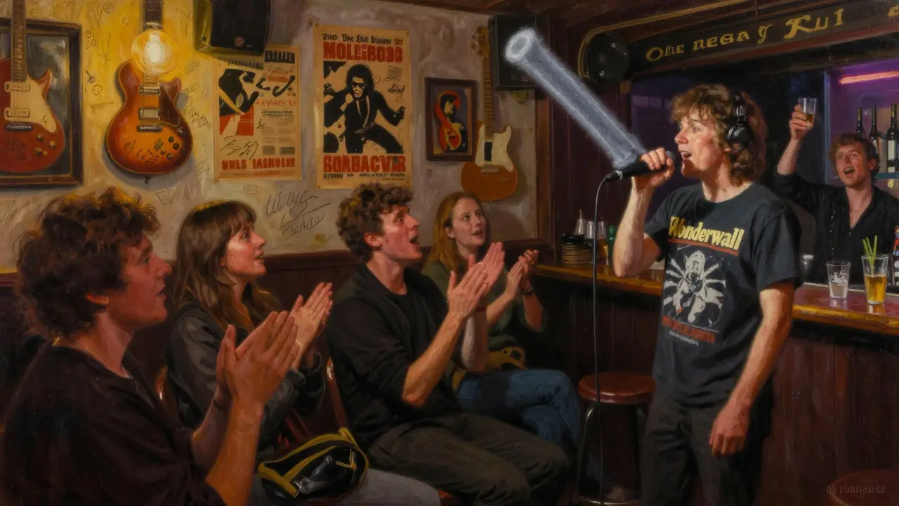 Crowd singing along to 'Wonderwall' in a rock-themed bar with guitar picks on the walls.