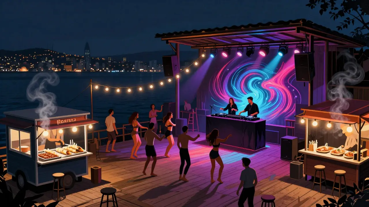 Dancers on wooden decks at Reina nightclub under string lights, food truck serving wraps as city lights glow across the water.