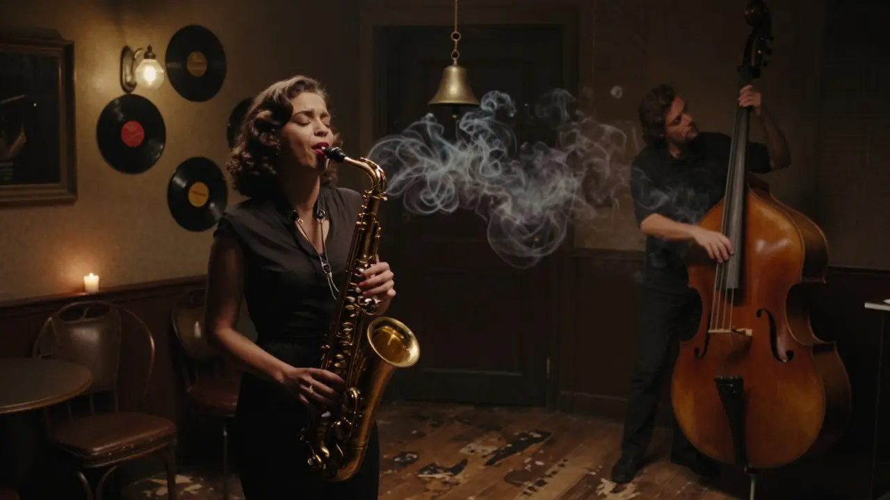 Dim jazz club interior with a singer performing, smoke and soundwaves curling around a double bassist in warm candlelight.