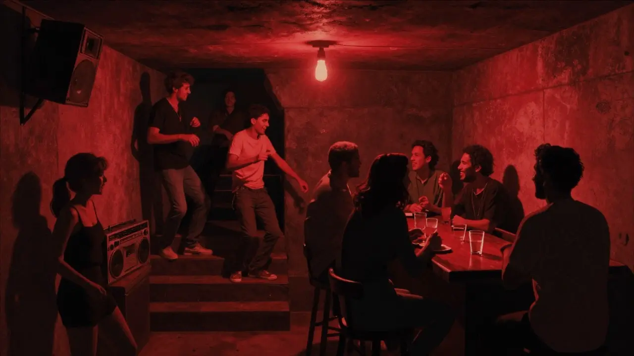 Dimly lit basement club with people dancing on stairs, vintage sound system, and concrete walls, no signs or neon.