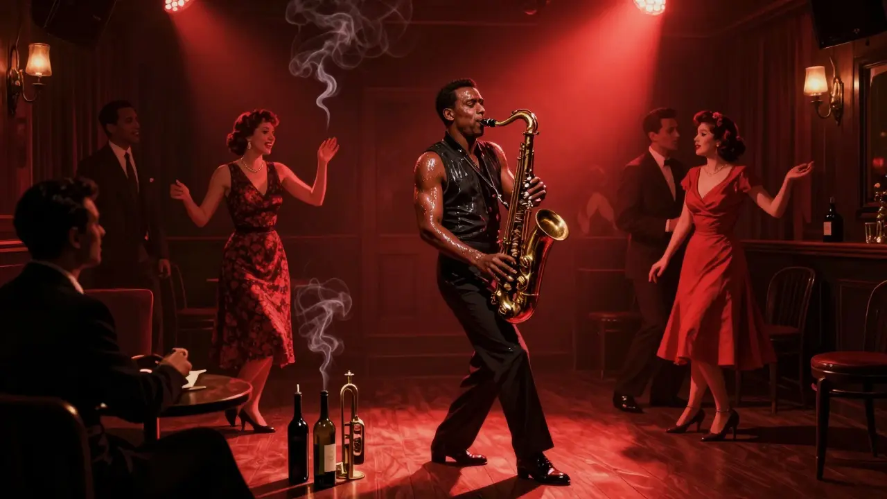 Dimly lit jazz club with saxophonist playing, dancers on wooden floor under red ambient light.