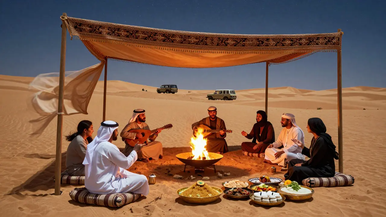 Guests seated under stars in the desert, listening to oud music and storytelling by a firepit.