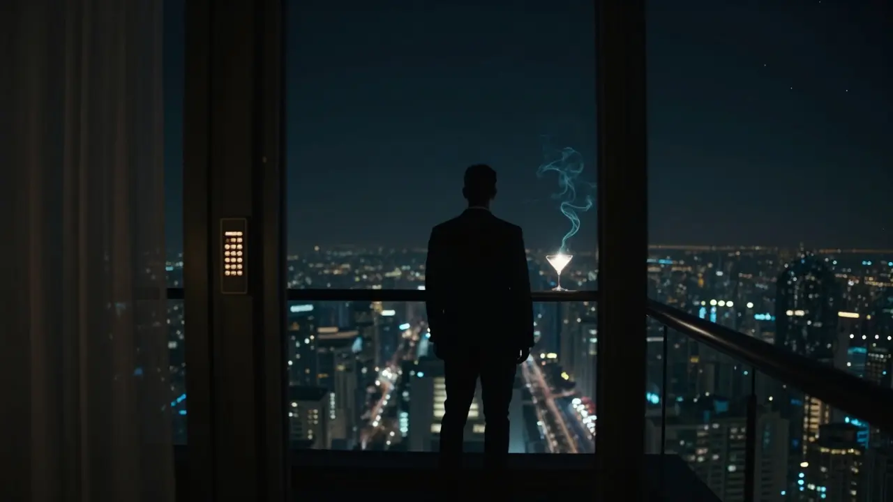 Hidden rooftop lounge with a keypad door, silhouetted figure, and glowing city skyline at night.