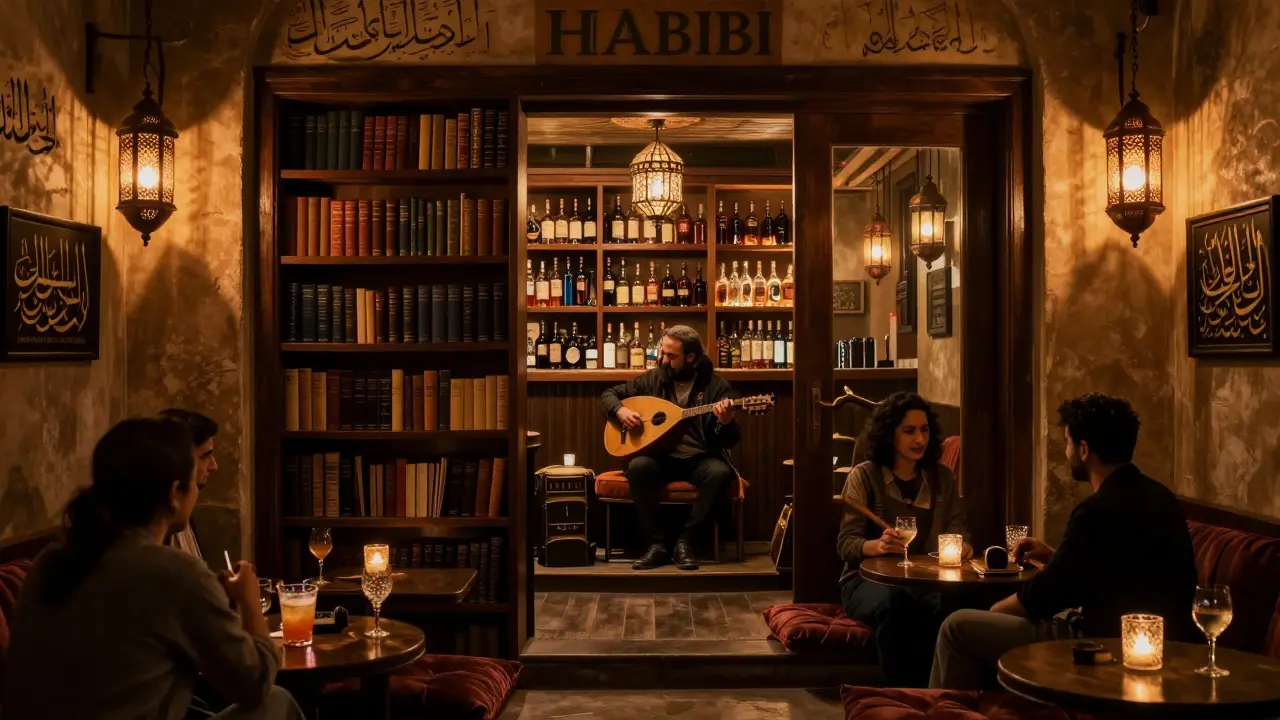 Hidden speakeasy bar with oud musician, lantern light, and patrons sipping cocktails behind a secret bookshelf door.