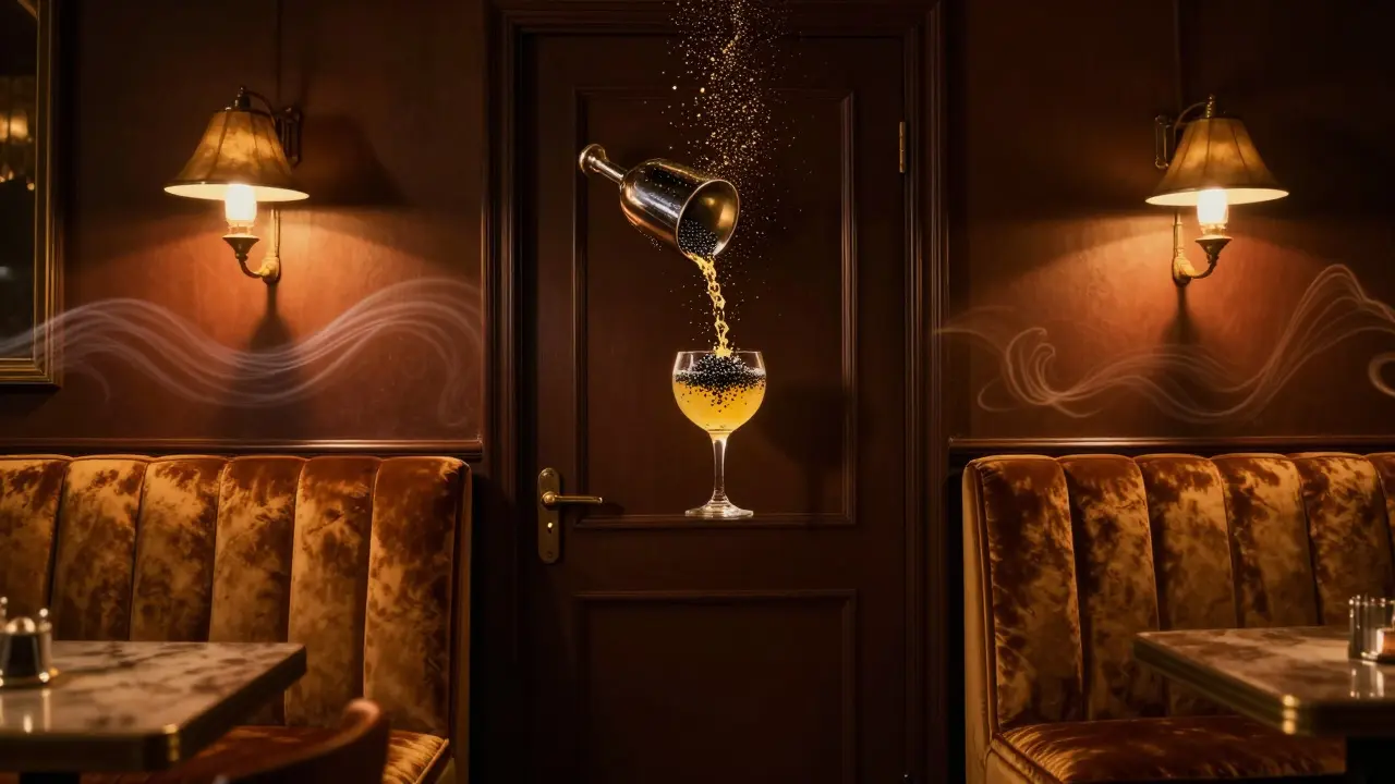 Hidden speakeasy with velvet booths and golden cocktail particles floating in the air, no visible sign.