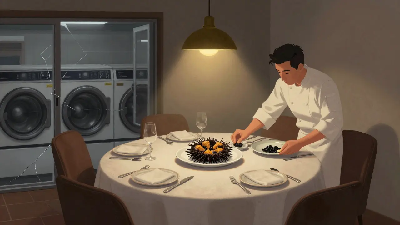 Intimate hidden dining room above a laundromat in Brixton, chef plating sea urchin with fermented black garlic under a single pendant light.