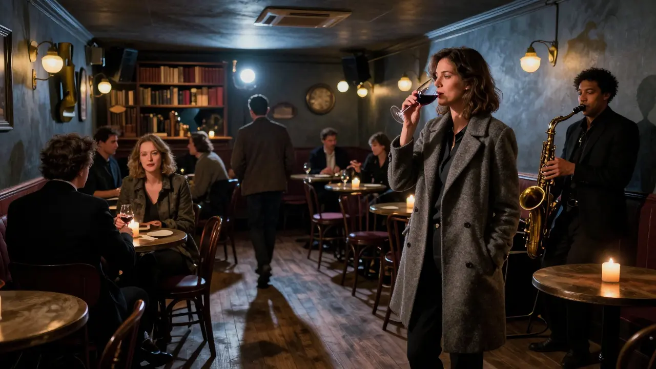 Intimate jazz lounge in Saint-Germain with patrons enjoying live swing music in candlelight.