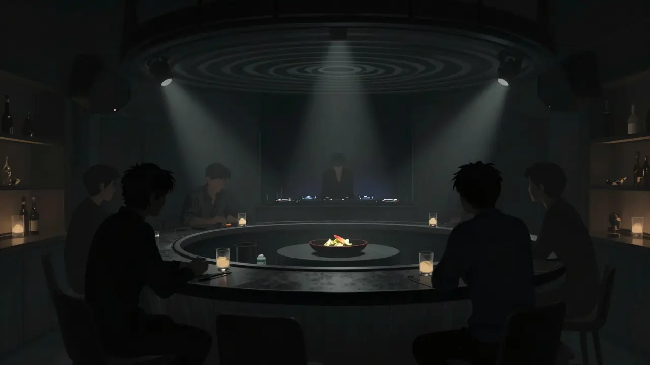 Intimate underground lounge with circular bar and subtle bass vibrations in dim, moody lighting.