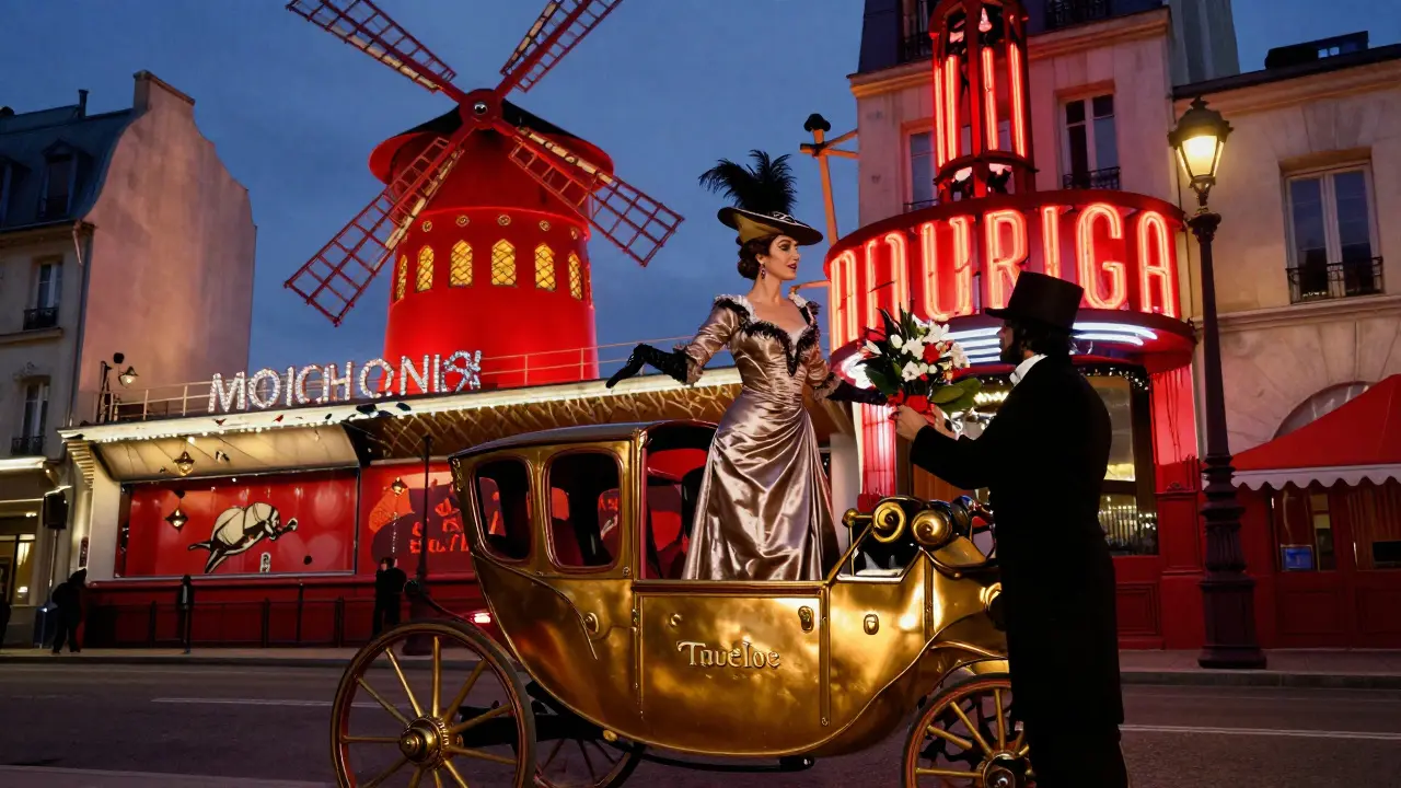 Jane Avril in a gilded carriage at dusk, Moulin Rouge glowing behind her, dressed in elegant 1890s fashion.