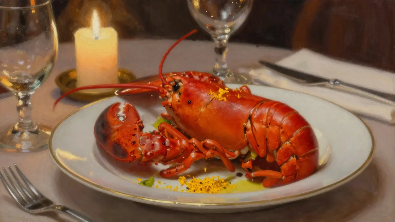 Le Louis XV restaurant fine dining with lobster and saffron dish.