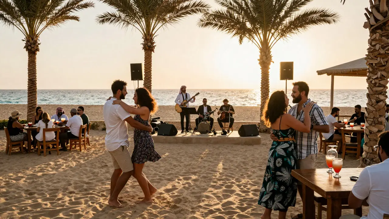 Open-air bar on sand with guests dancing barefoot under palm trees, live band playing, cocktails on wooden tables at dusk.