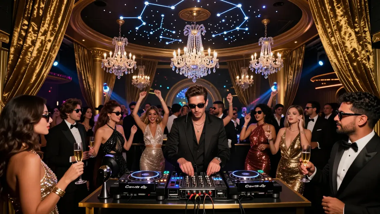 Opulent Cavalli Club dance floor with glittering crowd, DJ on stage, and crystal chandeliers under strobe lights.